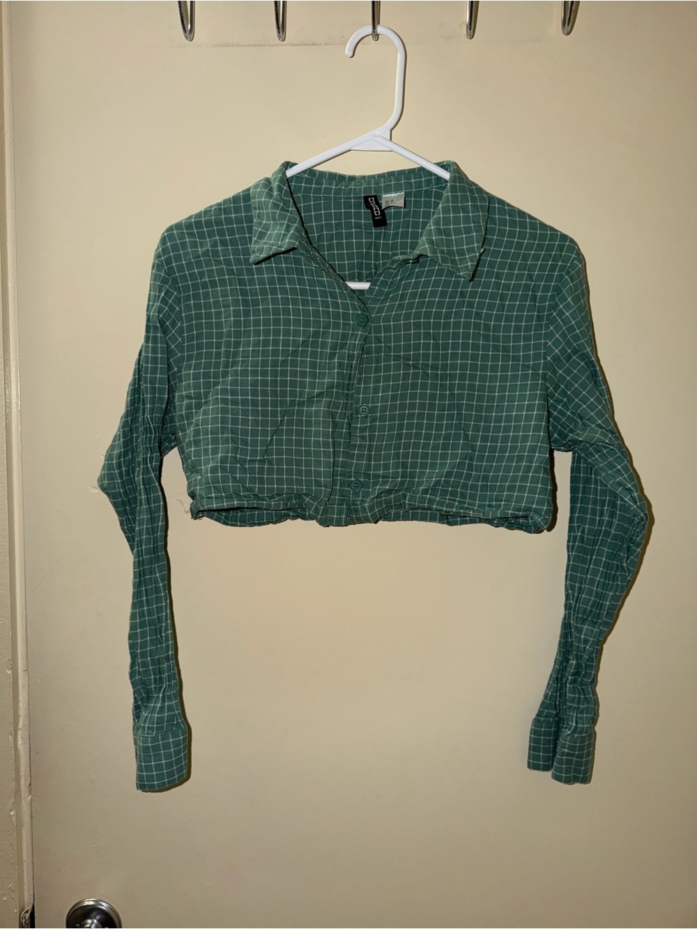 H&M Green Windowpane Cropped Button-Down Shirt